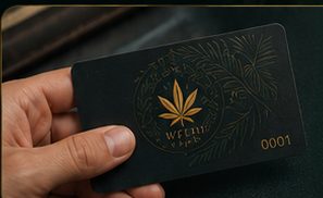 Hand holding a black Cancun Weed Club member card