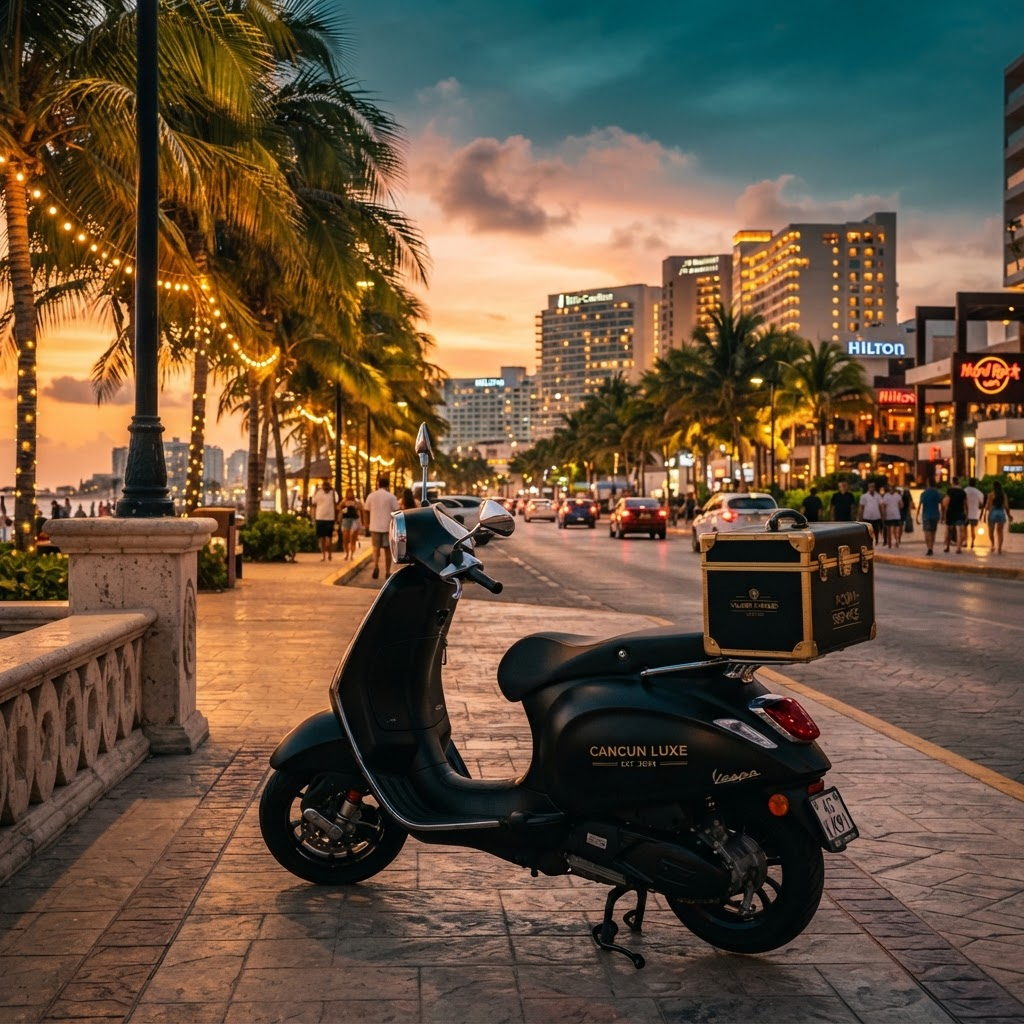 Cancun Weed Club courier scooter with gold-trimmed case on the palm-lined Hotel Zone boulevard at golden hour