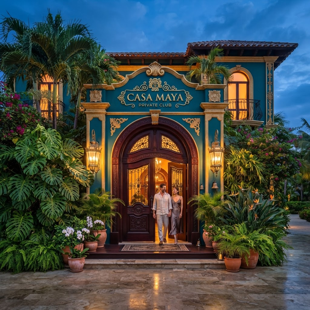 Warmly lit entrance of the Cancun Weed Club framed by palms and brass sconces at blue hour