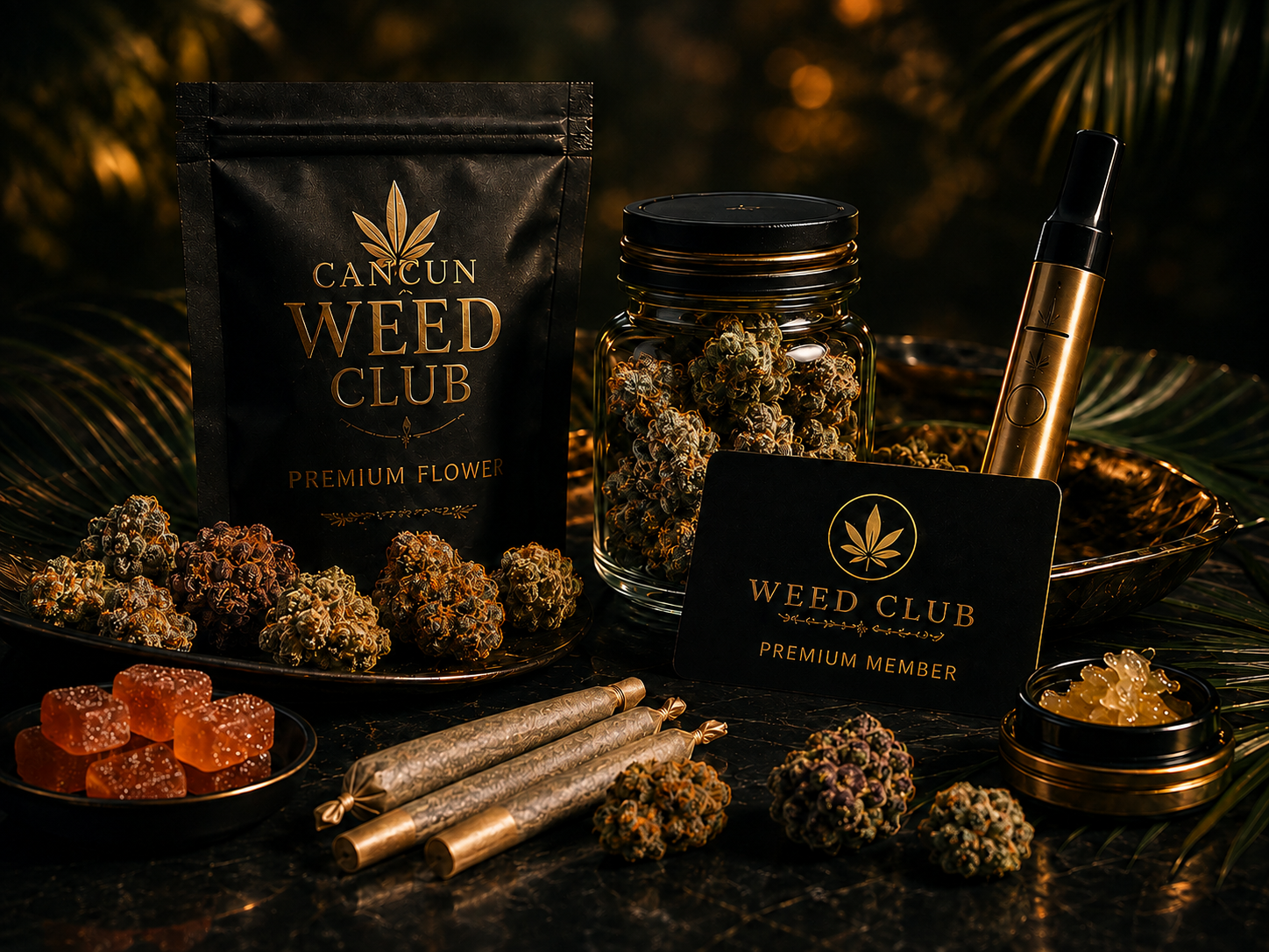 Cancun Weed Club curated collection — signature pouch, glass jar, gold pen and Premium Member card on a gold tray